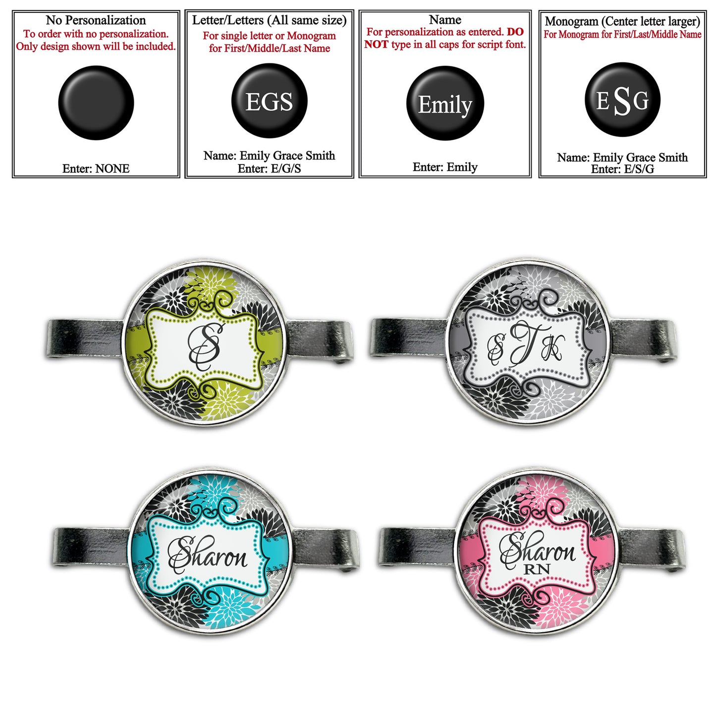 Doodle Frame Floral Stethoscope Id Name Tag Charm Personalized