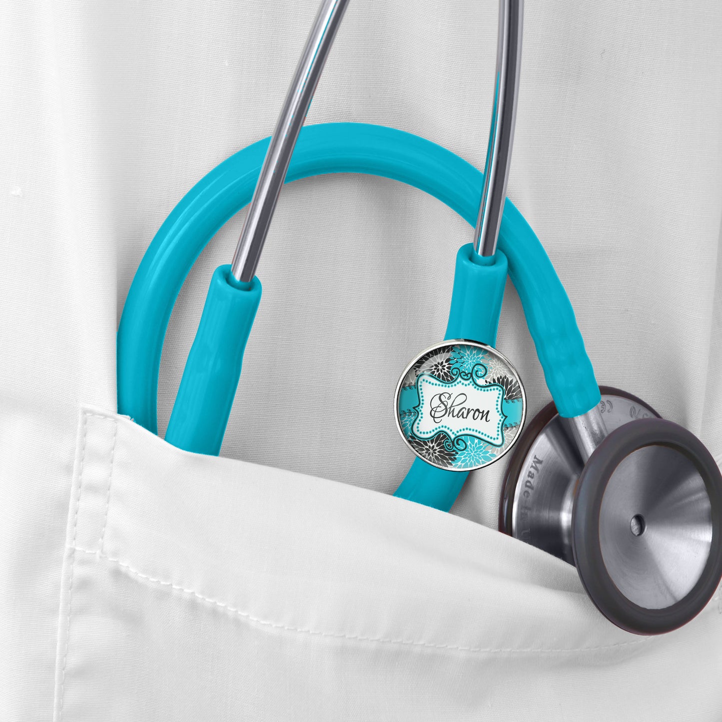 Doodle Frame Floral Stethoscope Id Name Tag Charm Personalized