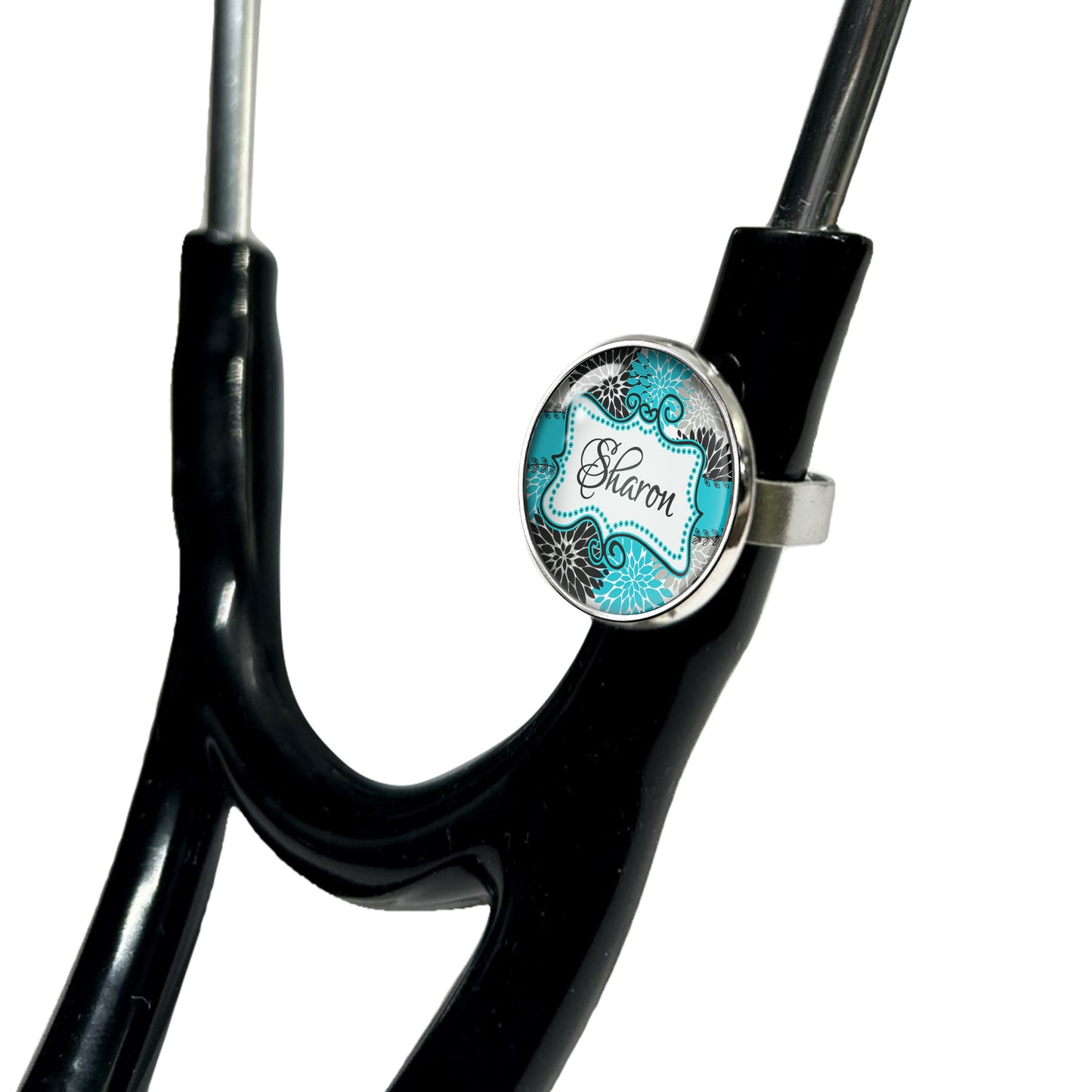 Doodle Frame Floral Stethoscope Id Name Tag Charm Personalized