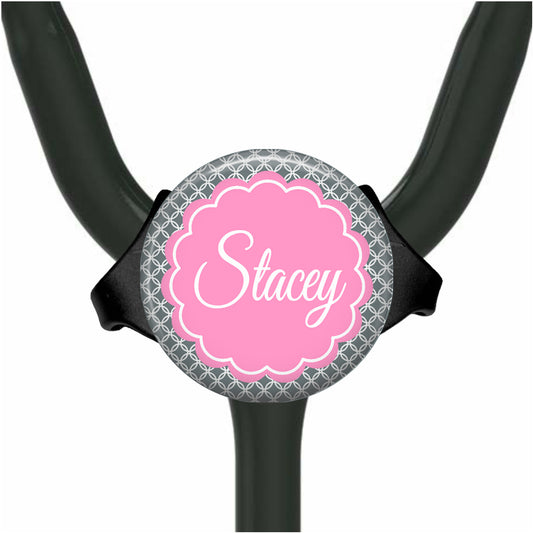 Personalized Stethoscope Tag - Flower Medallion Yoke Custom Name Tag 12 Colors 008