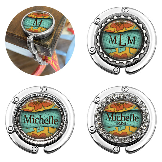 Custom Retro Wood Flower Foldable Purse Hook Bag Hanger for Table or Desk