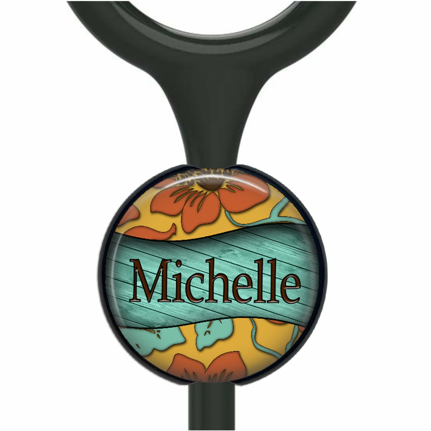 Retro Flowers Teal Wood Stethoscope Id Name Tag Personalized