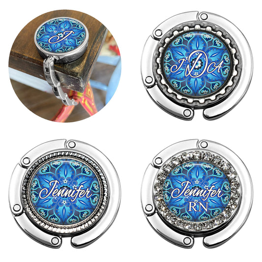 Blue Flower Kaleidoscope Name Purse Hanger Bag Hanger for Table or Desk