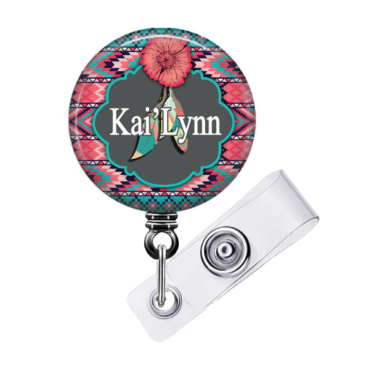 Retractable Badge Reel Southwest Pattern - Custom ID Badge Holder with Swivel Reel Clip - 042