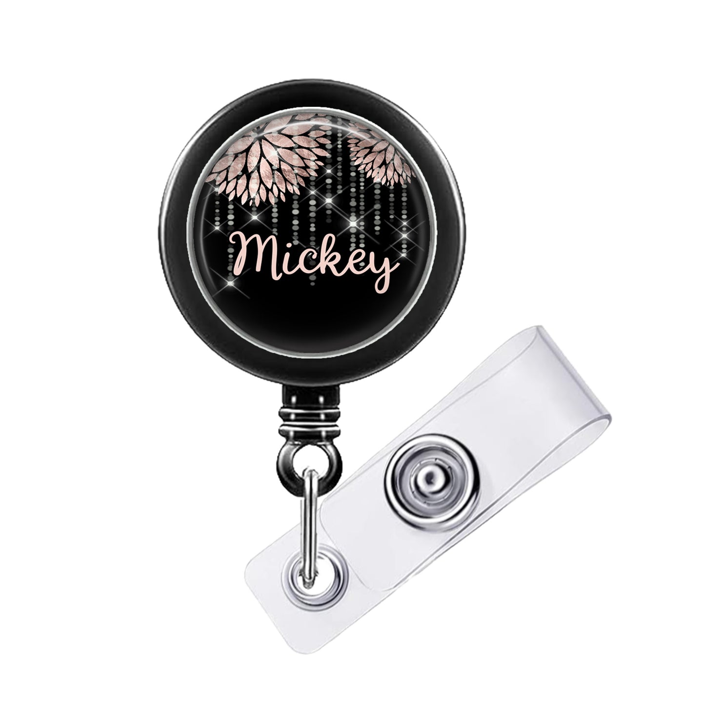 A black badge holder with a personalized name tag attached to it.