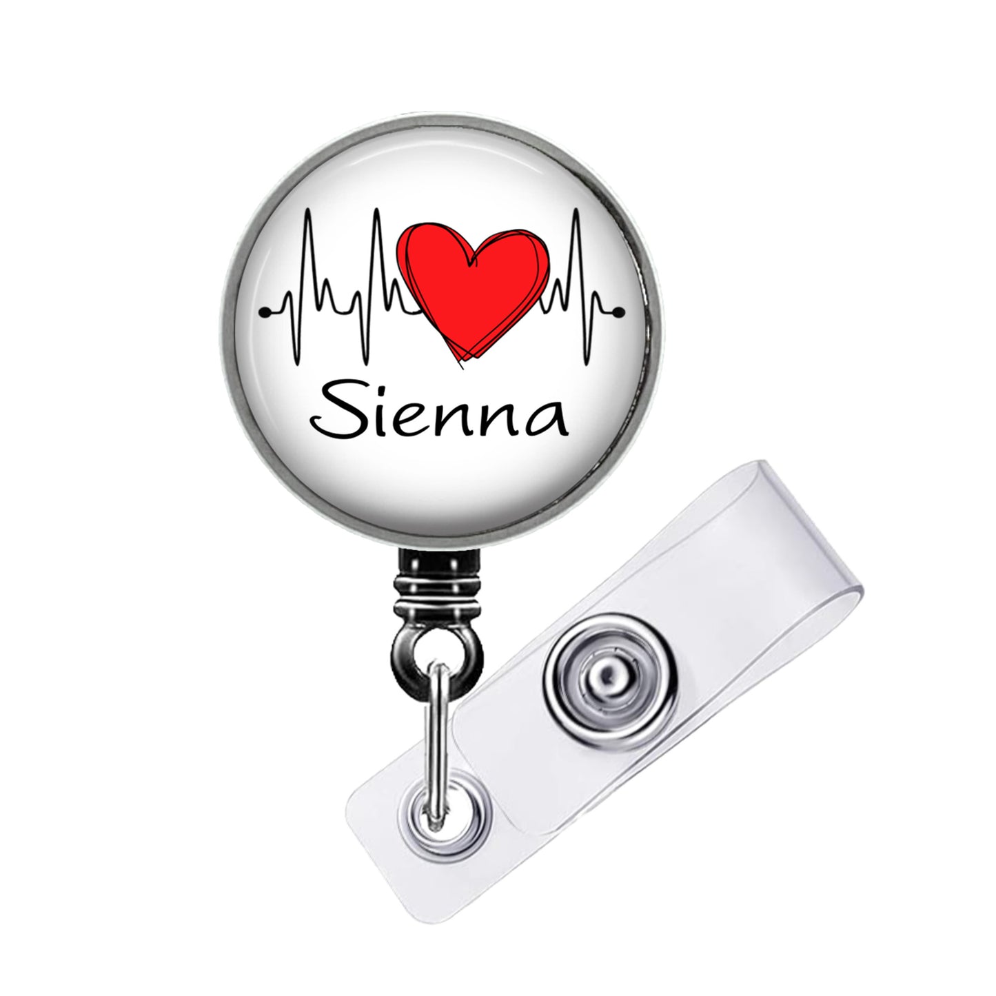 A medical-themed badge pin with a red heart symbol and a line graph displaying a heart rate. The pin is personalized with the name "Siena".