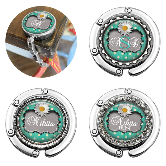 Custom Teal Polka Dot Daisy Foldable Purse Hook Bag Hanger for Table or Desk