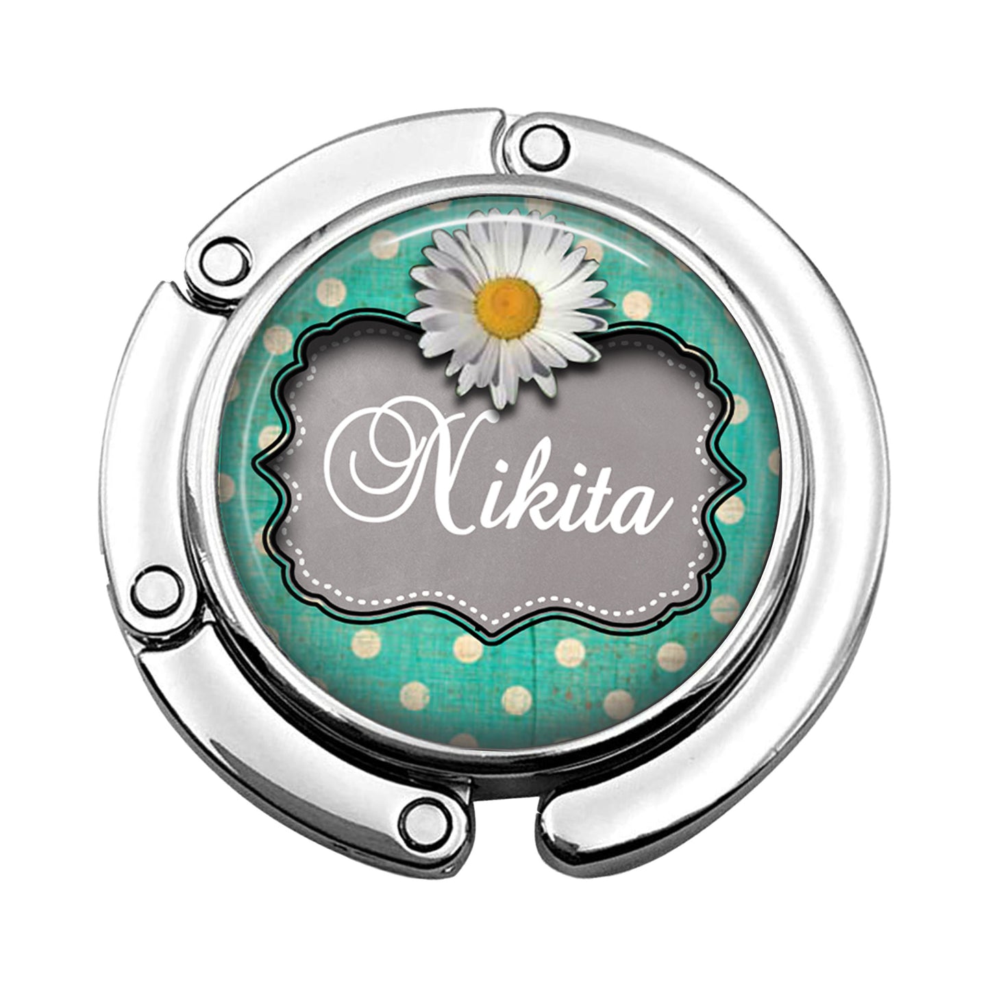 Custom Teal Polka Dot Daisy Foldable Purse Hook Bag Hanger for Table or Desk