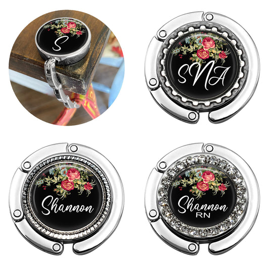 Custom Red Floral on Black Foldable Purse Hook Bag Hanger for Table or Desk