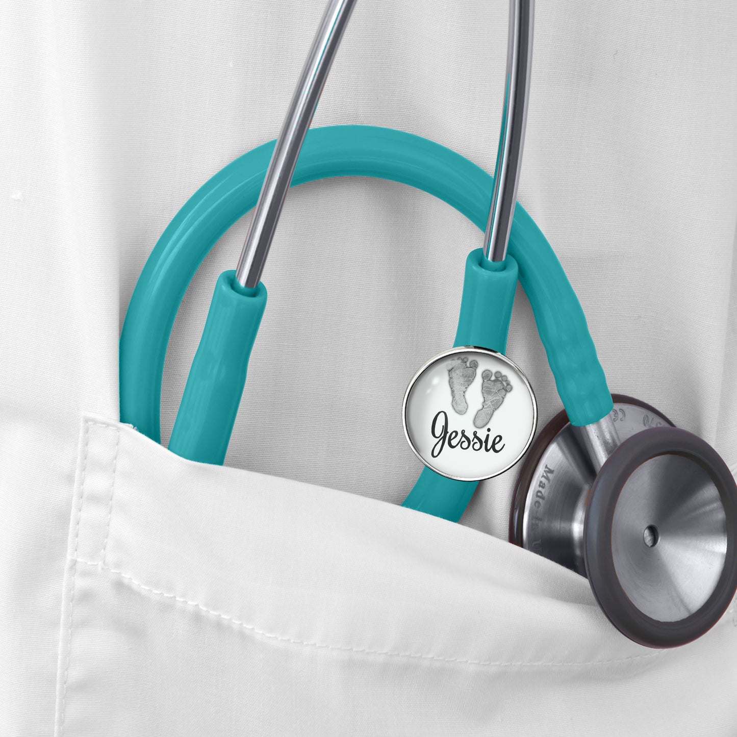 Personalized Stethoscope Tag - Custom Nurse Name Tag Charm With Baby Footprints - 264