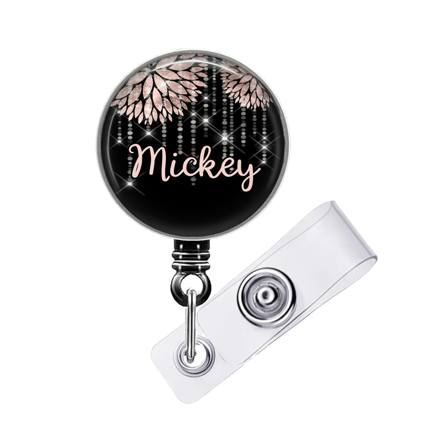 A black and silver badge holder with a personalized name tag attached to it.
