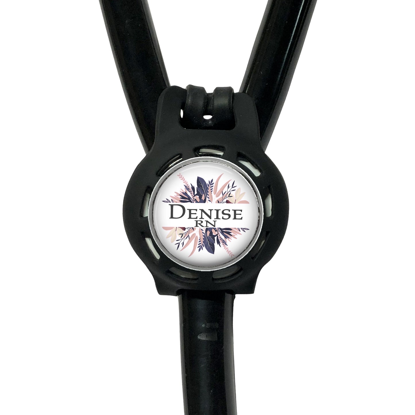 A black stethoscope with a round decal on it, displaying the word "Denise RN".
