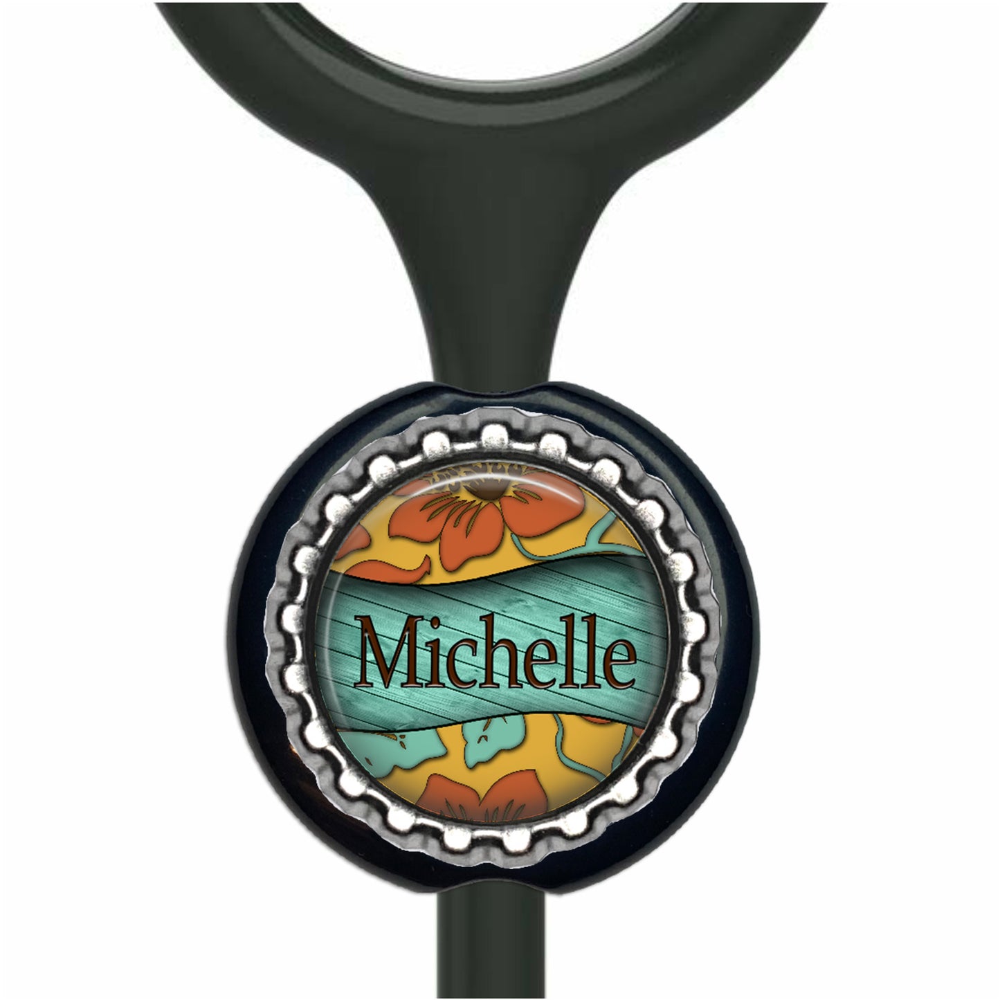 A personalized nameplate with a colorful floral design, featuring the name "Michelle" on it.