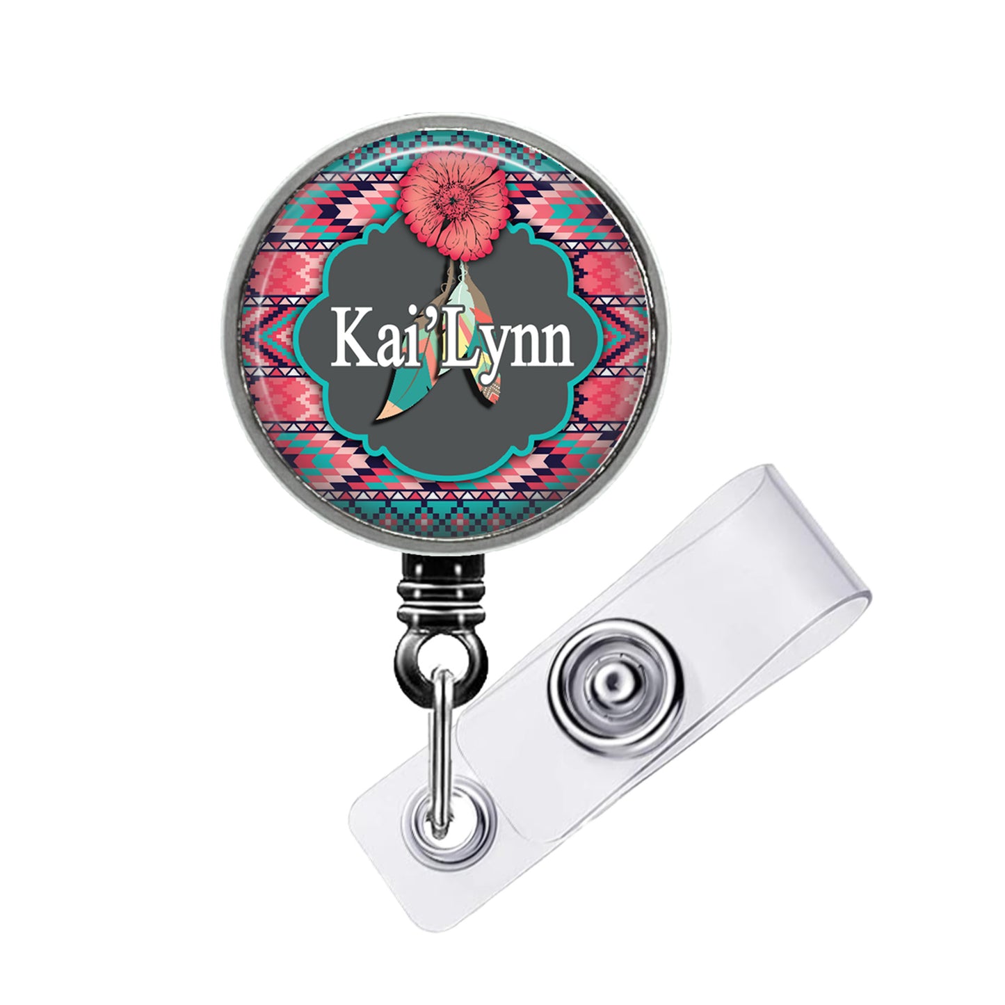 A colorful badge or lanyard with a floral design and the name "Kai Lynn" printed on it.