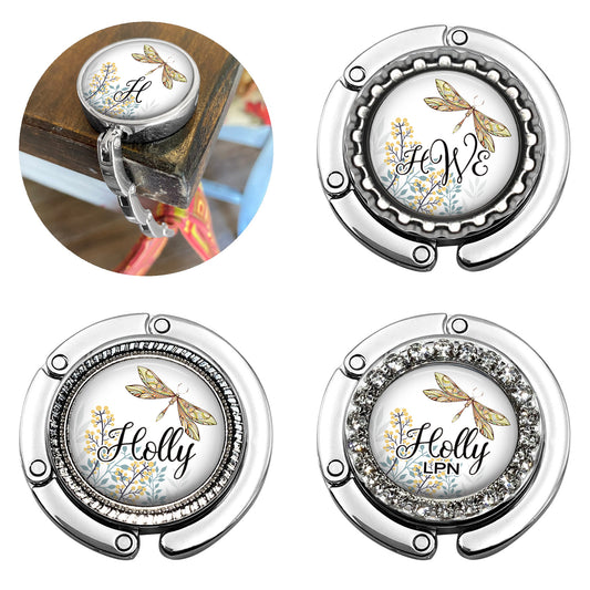 Teal and Beige Dragonfly Foldable Purse Hook Bag Hanger for Table or Desk