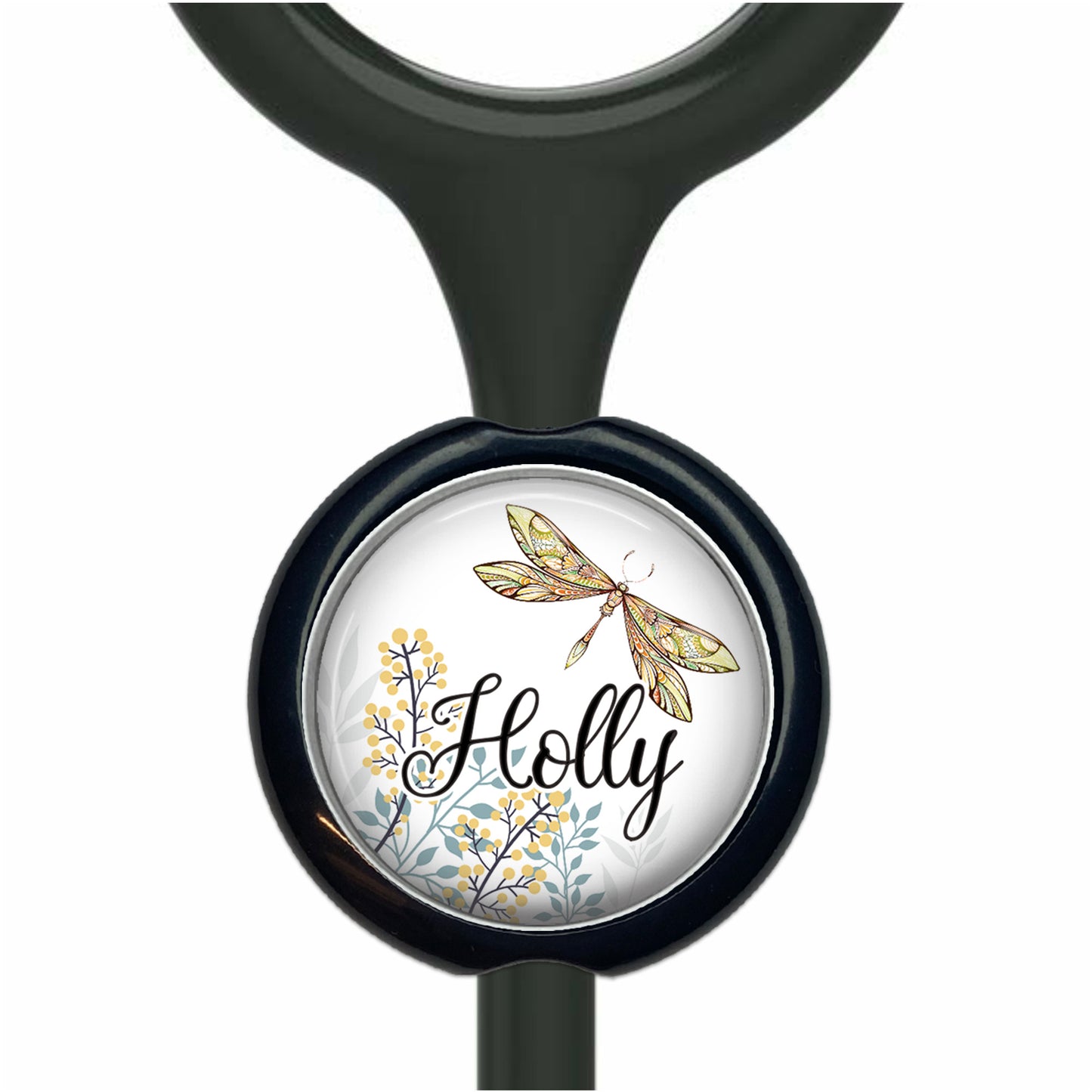 A black stethoscope with a round, black and white design featuring a yellow and green dragonfly and the name "Holly" written on it.