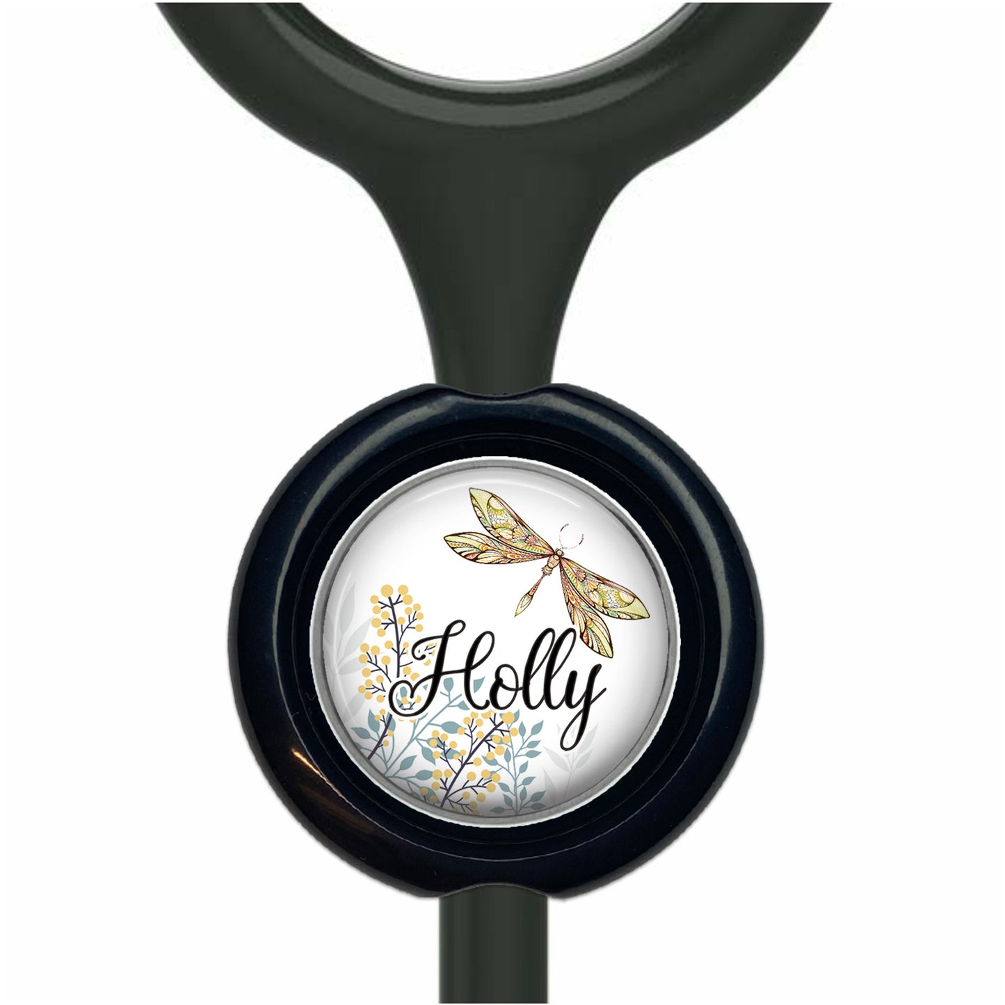 A black stethoscope with a round, black and white label featuring a dragonfly and the word "Holly".
