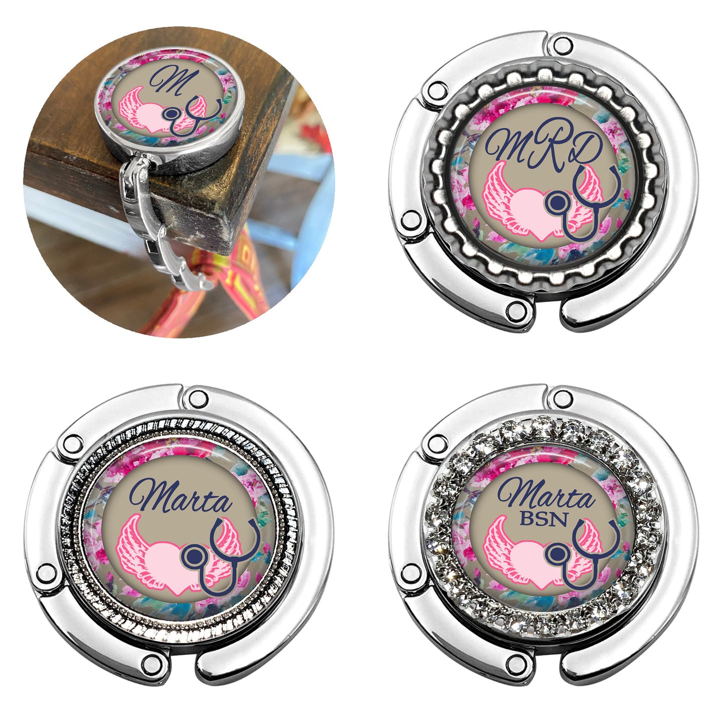 Pink and Beige Flowers Name Purse Hanger Bag Hanger for Table or Desk