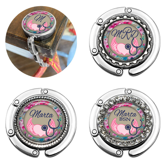 Purse Hanger - Folding Bag Hanger with Pink Beige Flowers | Non Slip Desk Hook