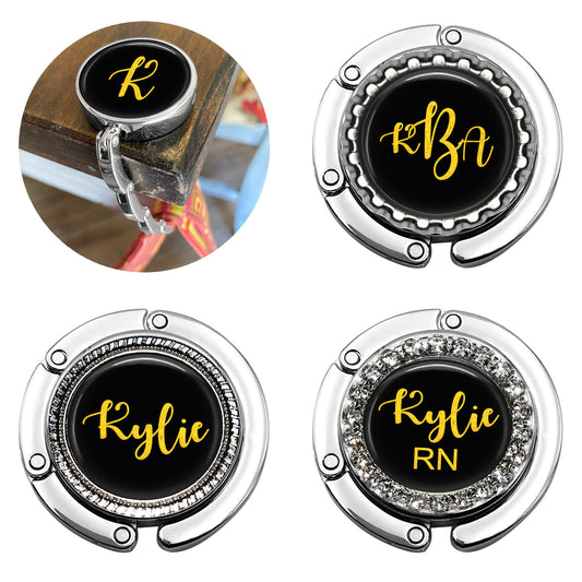 Black Gold Script Foldable Purse Hook Bag Hanger for Table or Desk