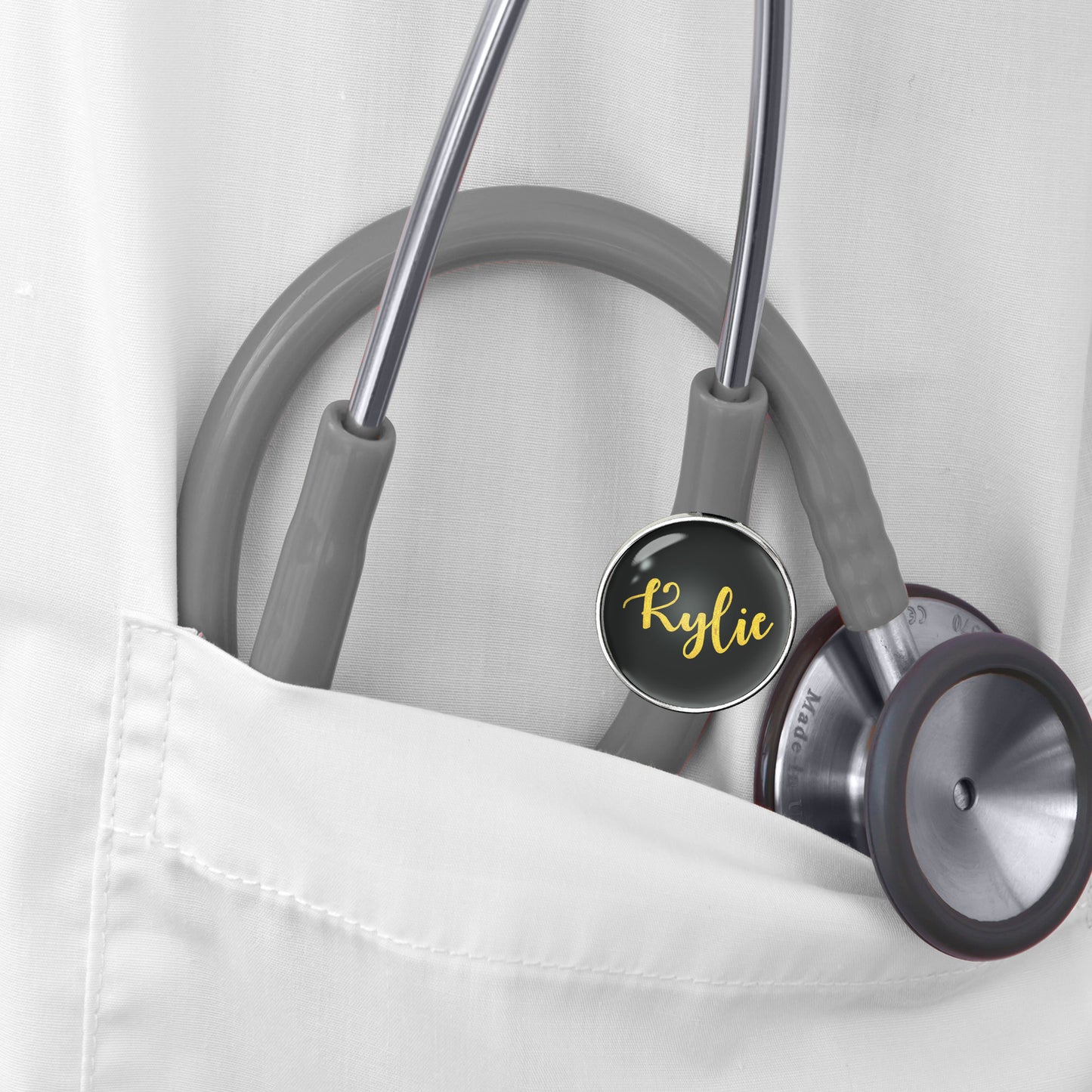 Gold on Black Stethoscope Id Name Tag Charm Personalized
