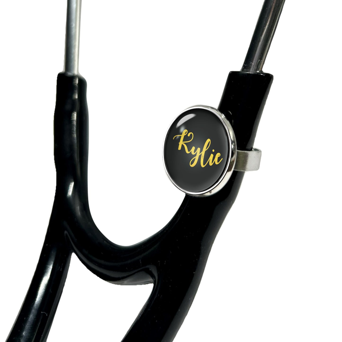 Gold on Black Stethoscope Id Name Tag Charm Personalized