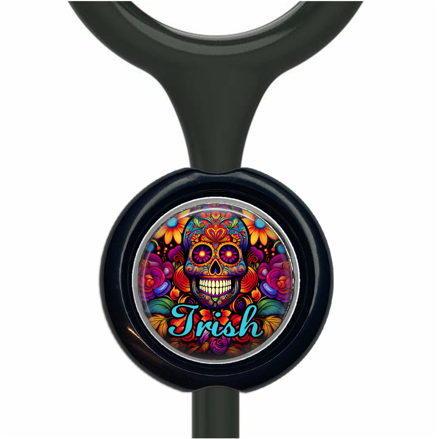 A black stethoscope with a circular charm featuring a colorful, intricate design of a skull surrounded by flowers and the word "Irish" written on it.