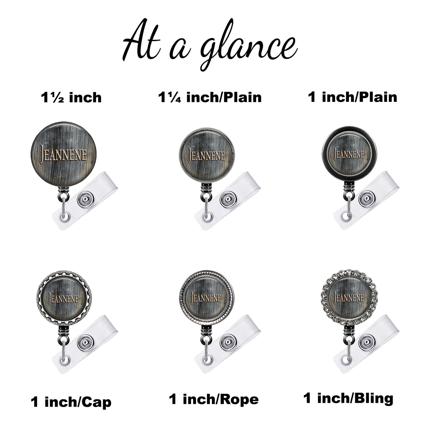 a set of four badges with a name tag attached to them
