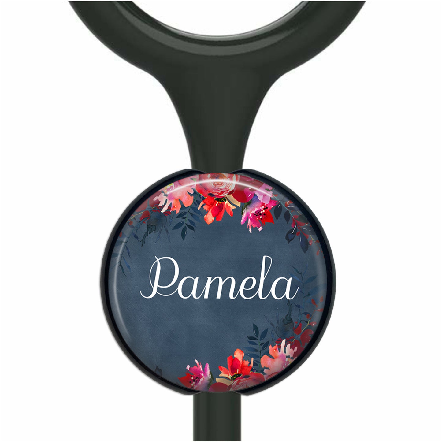 Pink Flowers on Blue Stethoscope Id Name Tag Personalized