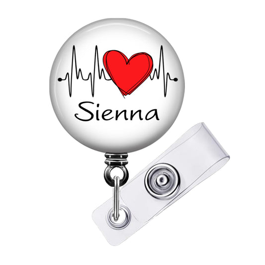 Retractable ID Badge Reel - Custom Heart Script Font with Swivel or Belt Clip