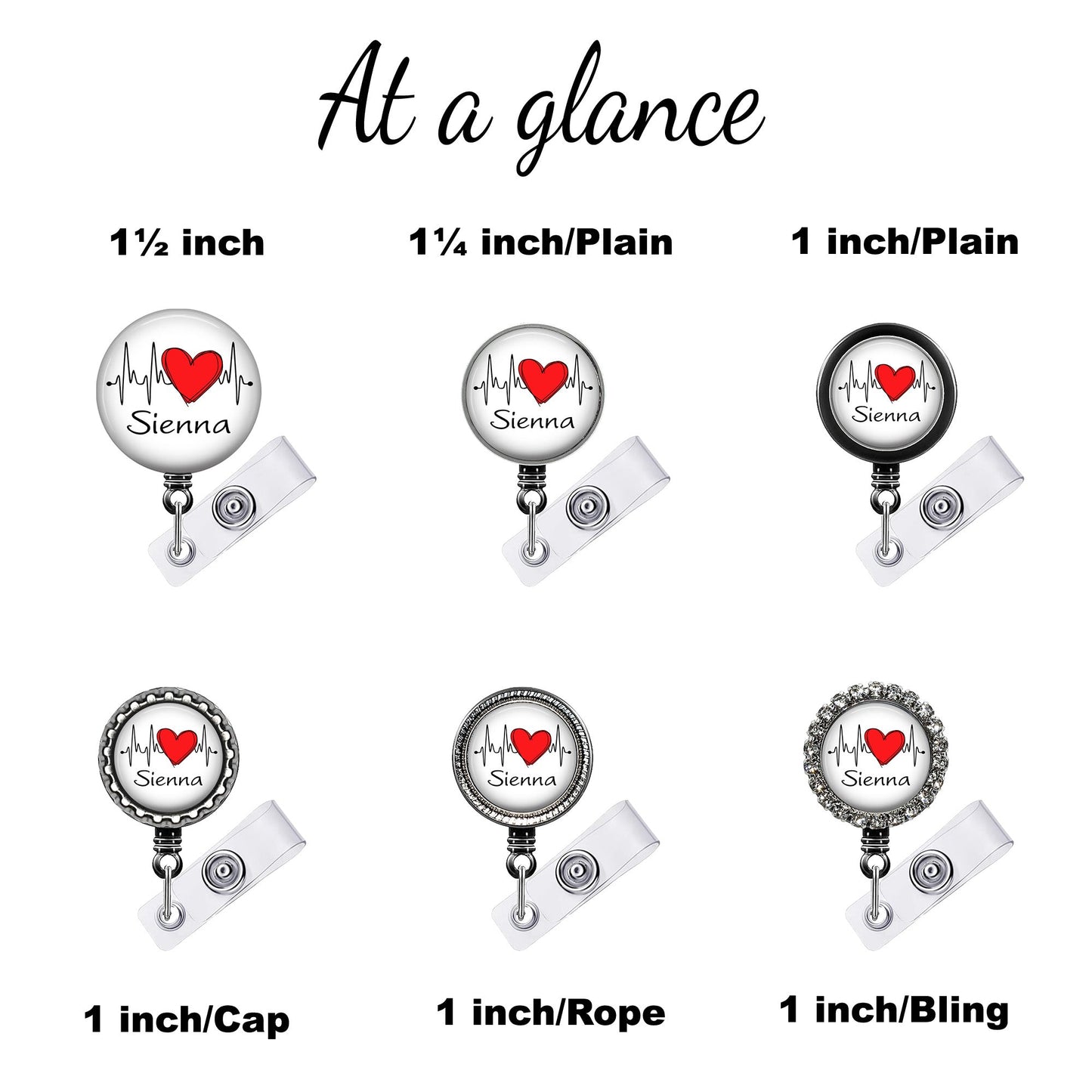 EKG Heart Script Font (10 choices) Retractable ID Badge Reel Holder