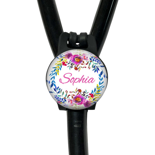 Stethoscope Name Tag - Personalized Pink Flower Wreath Yoke ID Holder - 520