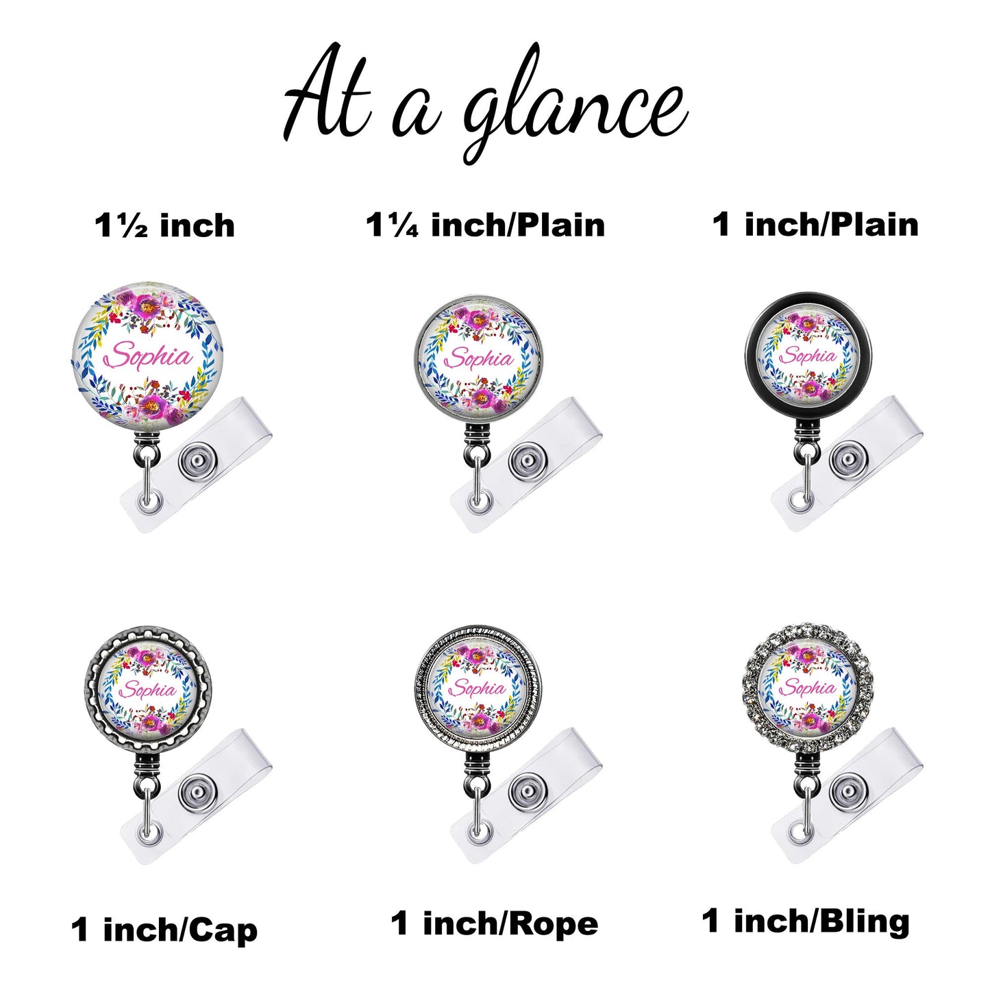Pink Flower Wreath Script Font Retractable ID Badge Reel Holder