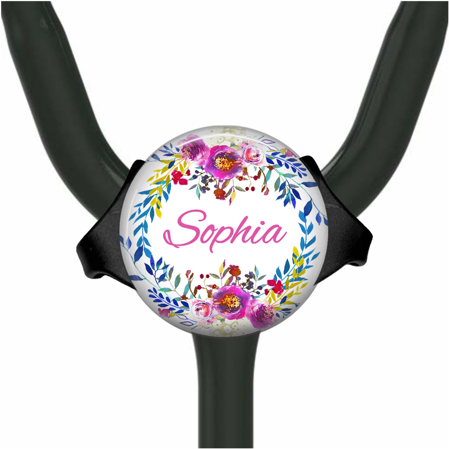 Pink Flower Wreath Yoke Stethoscope Id Name Tag Personalized