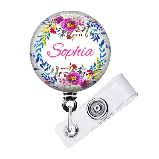 a badge holder with a name on it