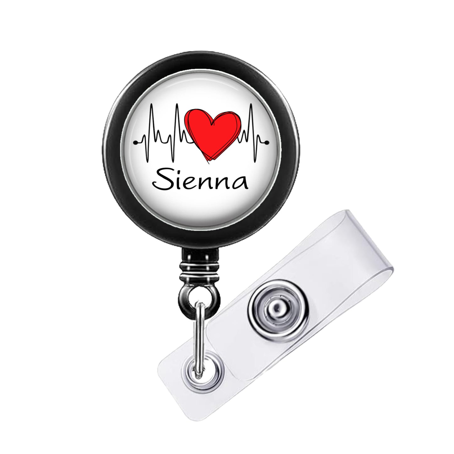 A black and white badge holder with a red heart and the word "Sienna" printed on it.