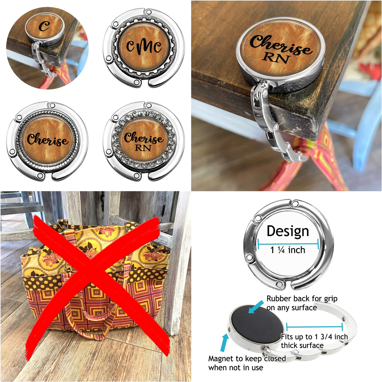 Personalized Liquid Gold Purse Hanger Bag Hook for Table or Desk