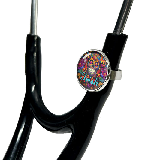 Calaveras Sugar Skull Stethoscope Id Name Tag Charm Personalized