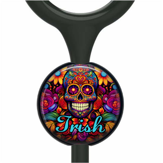 Personalized Stethoscope Tag - Calaveras Sugar Skull Custom Nameplate for Nurses 637