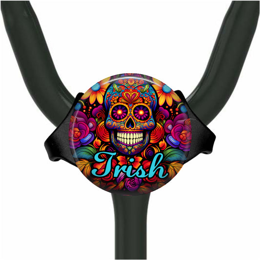 Personalized Stethoscope Tag - Calaveras Sugar Skull Yoke Name Badge 637