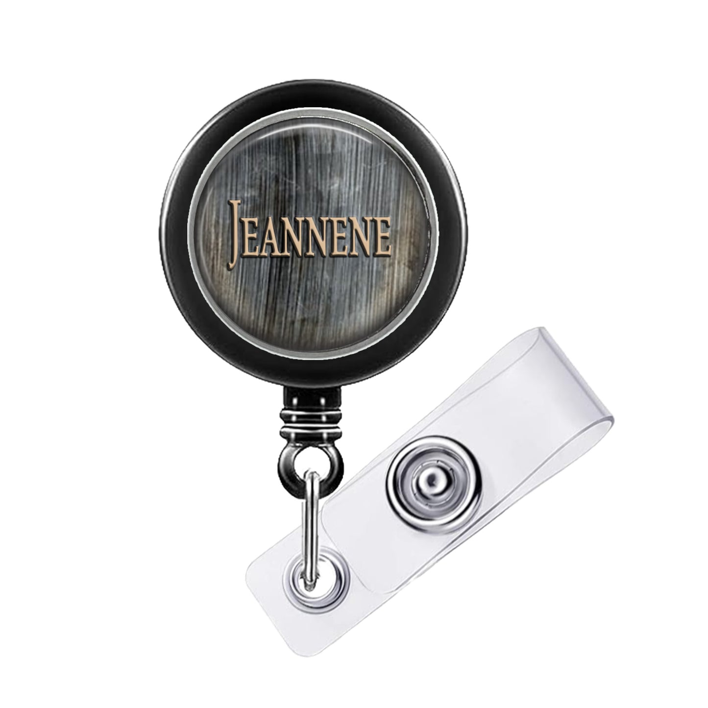 A black and silver badge holder with the name 'Jeanne' printed on it.