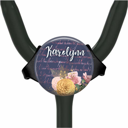 Personalized Stethoscope Name Tag - Gold Floral Blue Yoke Custom ID Tag 721