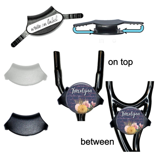 Personalized Stethoscope Name Tag - Gold Floral Blue Yoke Custom ID Tag 721