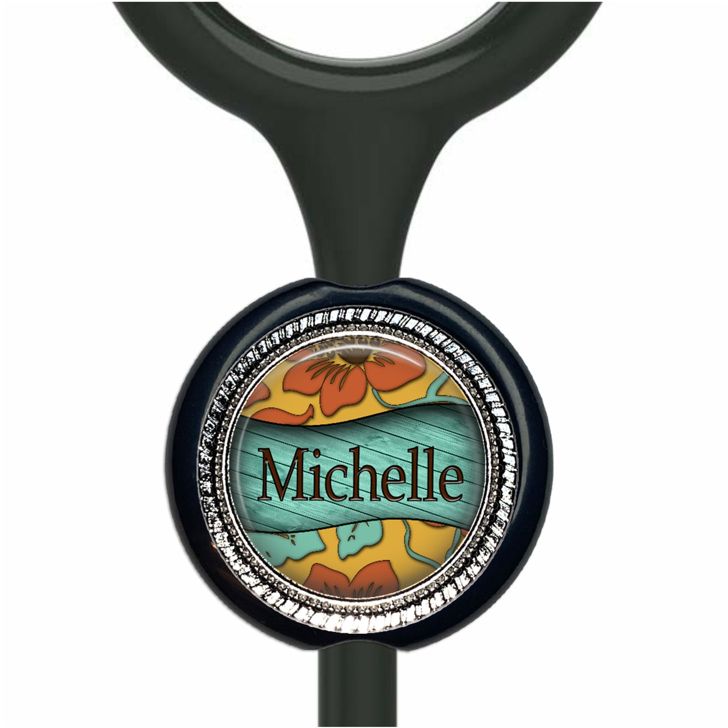 A personalized nameplate with a floral design, featuring the name "Michelle" on it.