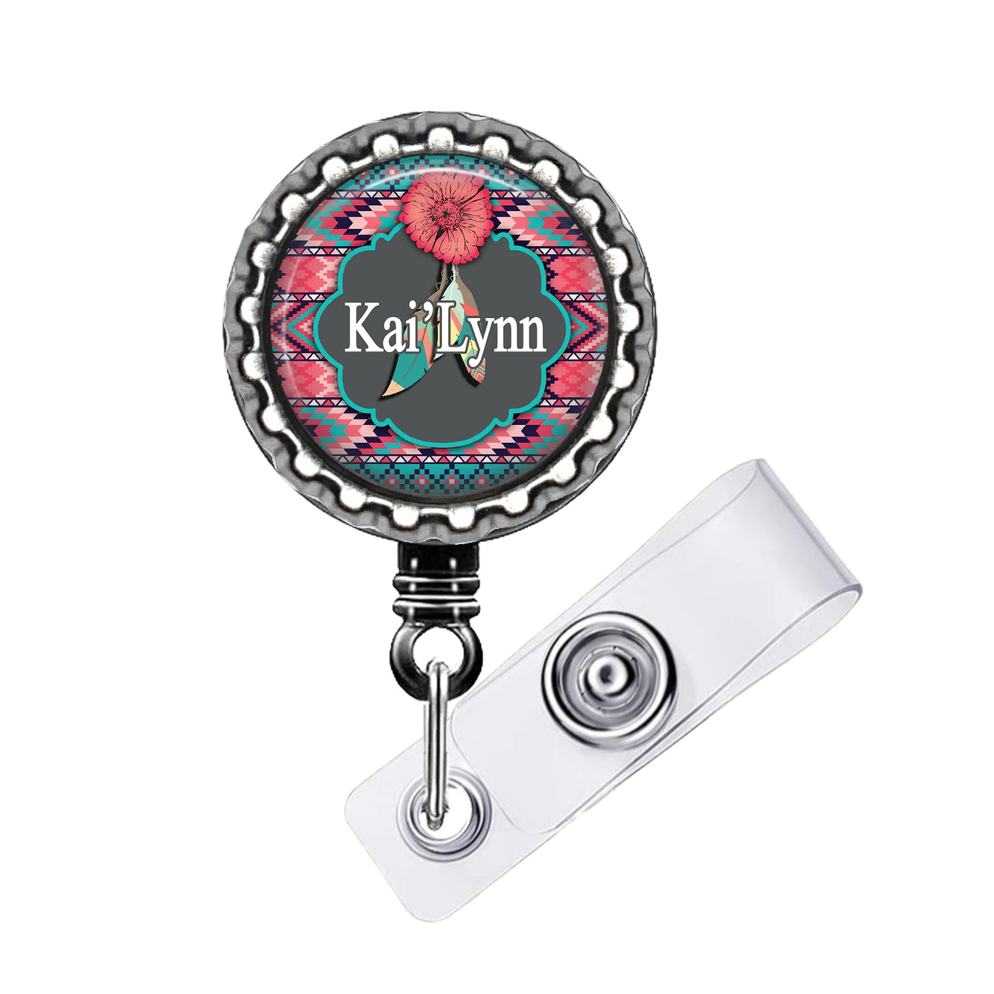 A badge holder with a colorful, decorative design featuring a flower and text.