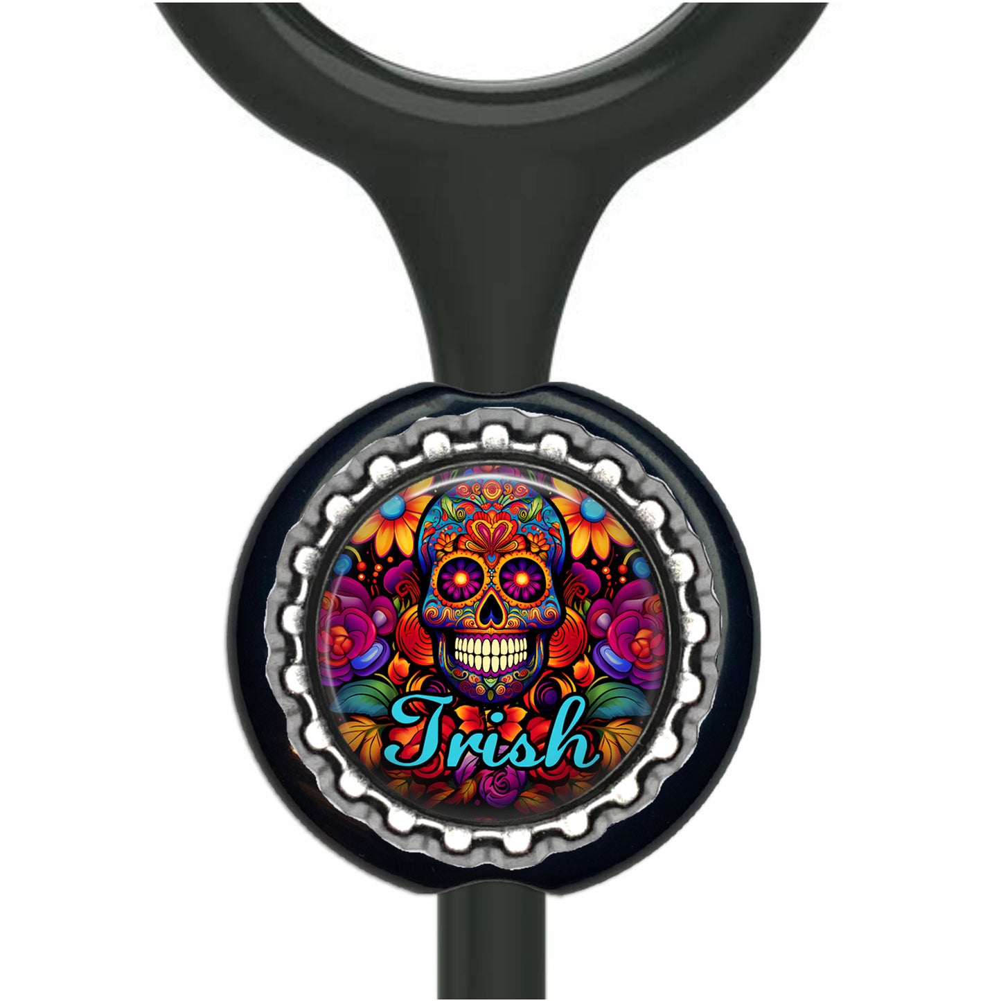 A colorful, circular charm with a skull design and floral patterns.
