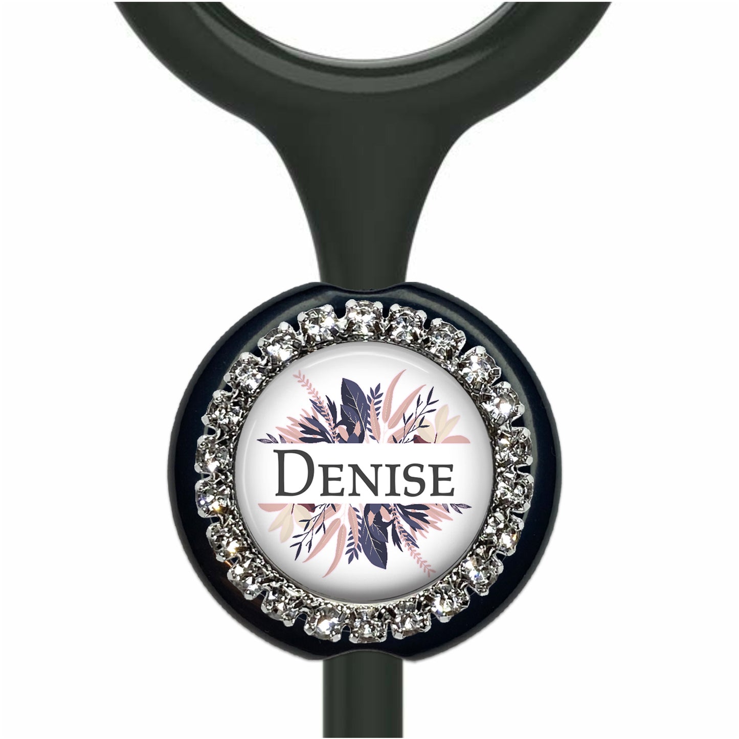 A black stethoscope with a round, personalized nameplate attached to it.