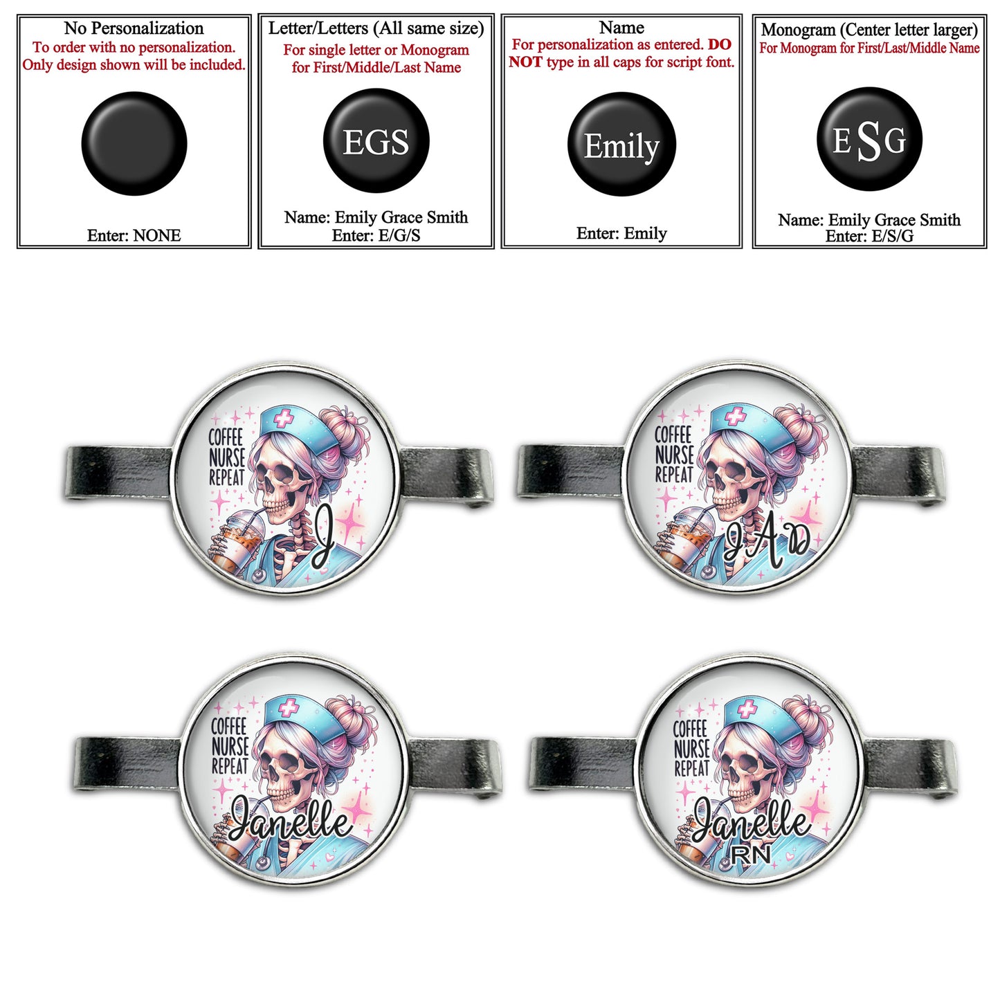 Coffee, Nurse, Repeat Skeleton Stethoscope Id Name Tag Charm Personalized