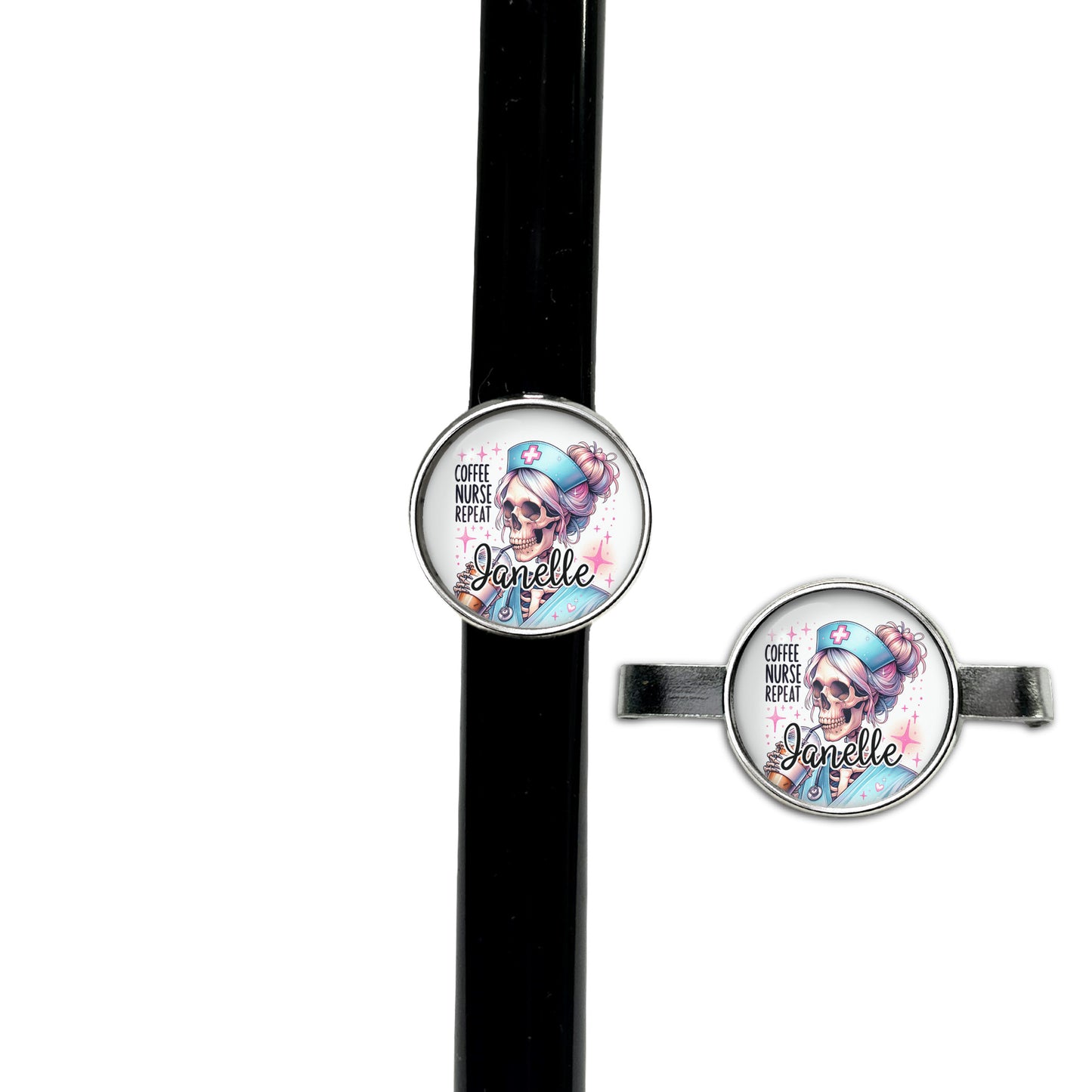 Coffee, Nurse, Repeat Skeleton Stethoscope Id Name Tag Charm Personalized