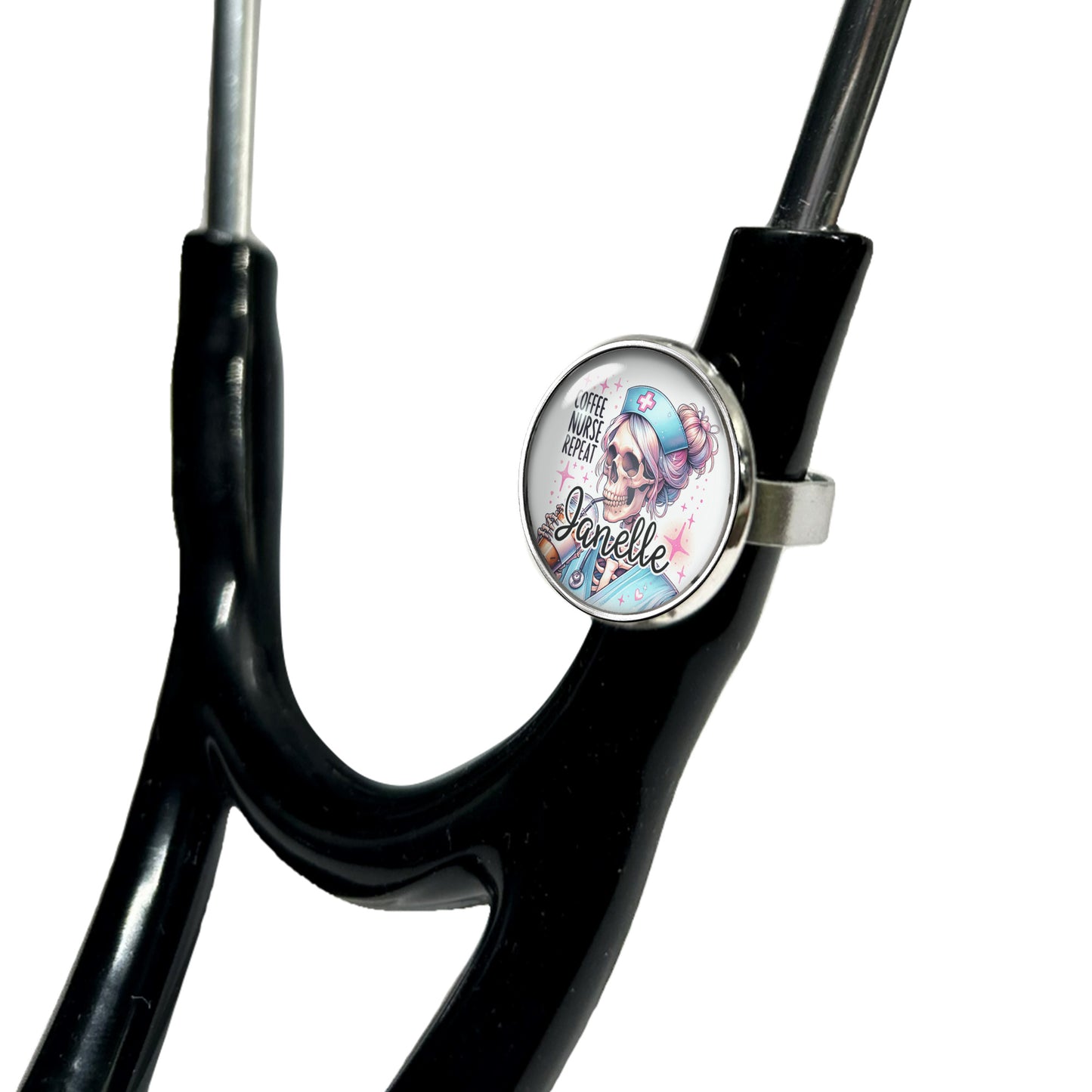 Coffee, Nurse, Repeat Skeleton Stethoscope Id Name Tag Charm Personalized